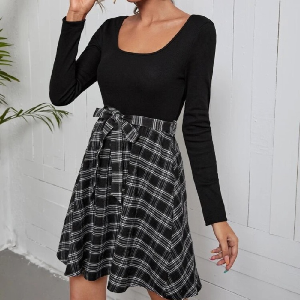 Plaid Scoop Neck Belted Combo Dress - Picture 5 of 5